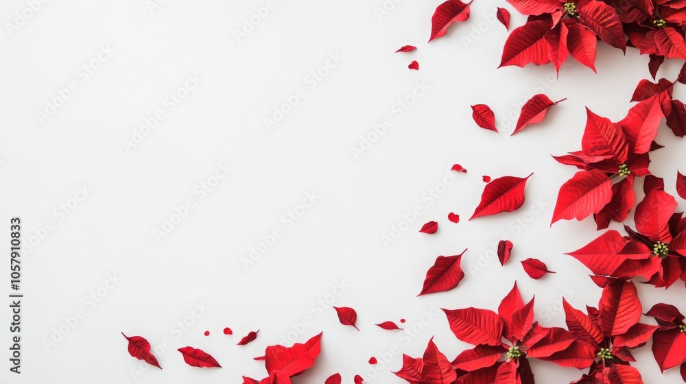 Aufkleber Red poinsettia leaves are scattered across a white background, forming a diagonal line from the top right corner to the bottom left. The leaves are arranged in a random pattern.