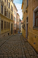 A narrow street in an old city