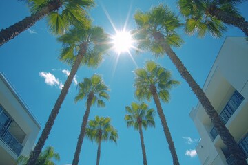 Fototapeta premium Sunlight shining through palm trees in a tropical location during a clear day