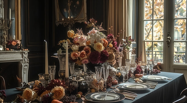 Halloween table setting in a vintage Paris apartment, dark tablecloth, black and gold dinnerware, and eerie floral arrangements.