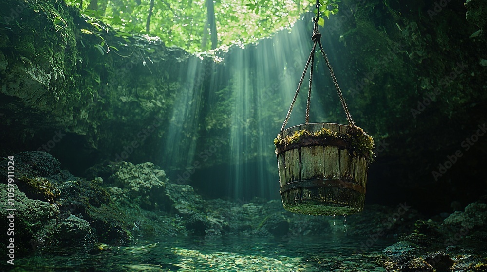 Poster a hanging basket in a forest with sunlight filtering through trees on the opposite side of a stream