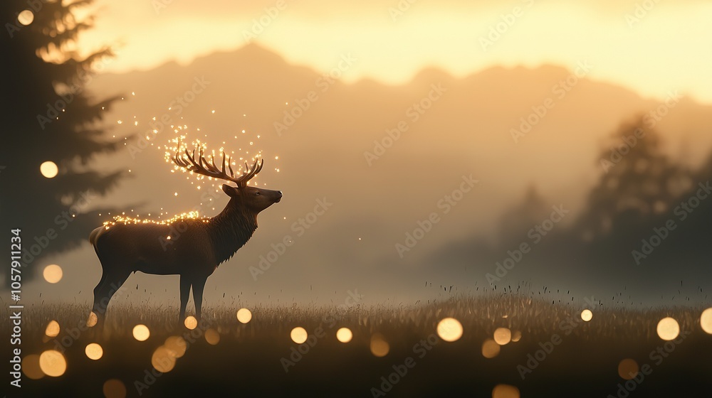 Poster deer standing in grass with illuminated antlers in front of trees