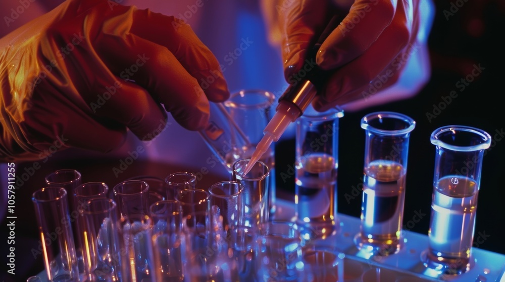 Poster scientist wearing gloves is carefully conducting an experiment by dropping a liquid solution into a 