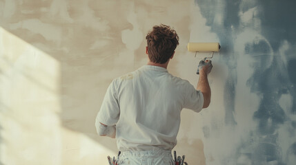 Home renovation, A repairman paints the house with roller, A person painting wall, House maintenance