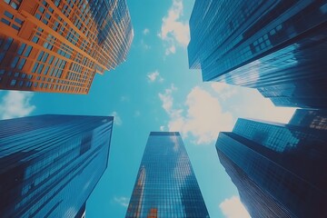 Looking Up at Modern Skyscrapers in a City Skyline with Sunlight