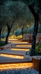 Elegant pathway illuminated by warm lights winding through lush olive trees in evening dusk