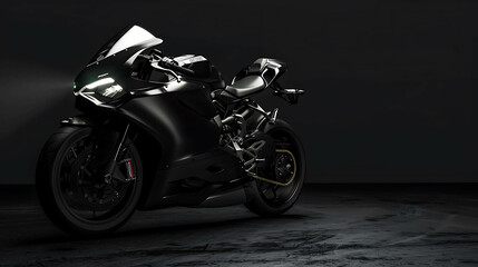 A sleek and powerful black motorcycle is parked in a dark room.