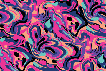 Abstract seamless paint pattern with colorful waves, rounds, lines. Oil paint ornament. Acrylic print for girl textile, fashion clothes. Marble texture