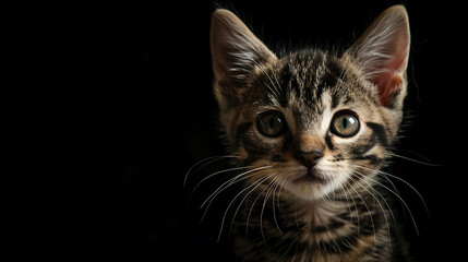 Obraz premium A cute tabby kitten with wide green eyes looks up at the camera with curiosity and wonder.