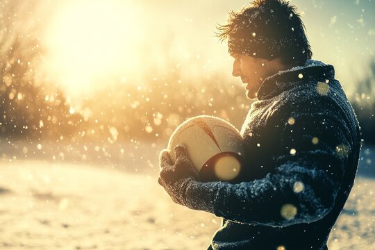 Rugby athlete jumping with ball, with evening sun rays and dust or snow in the background