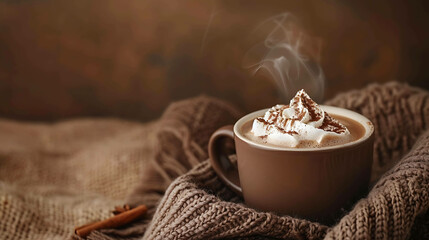 Cup of hot chocolate with whipped cream and cinnamon on a brown background. The whipped cream is topped with a sprinkle of cocoa powder.