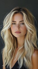 Fototapeta premium Young woman with long blonde hair and natural makeup posing against a dark background