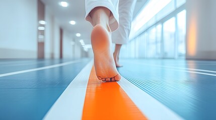 A person is walking on a blue and orange line. The person is barefoot and is walking in a hallway