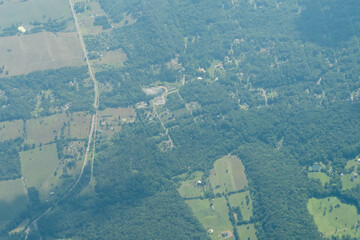 Aerial view of a reservoir, highway and fields in Northern Virginia 
