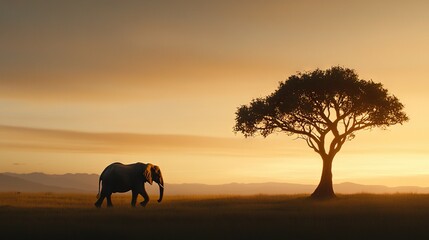 Fototapeta premium An elephant standing near a tree on a green field at sunset with a solitary tree in the foreground