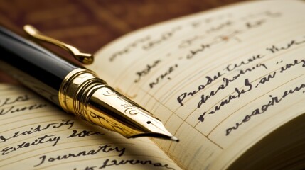 A gold fountain pen rests on an open journal with handwritten notes.