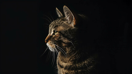 A beautiful cat with a unique pattern on its fur is sitting in front of a black background.