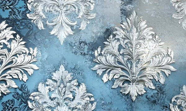 A vintage damask pattern reimagined in shades of icy blue and silver, reminiscent of antique frost-covered windows