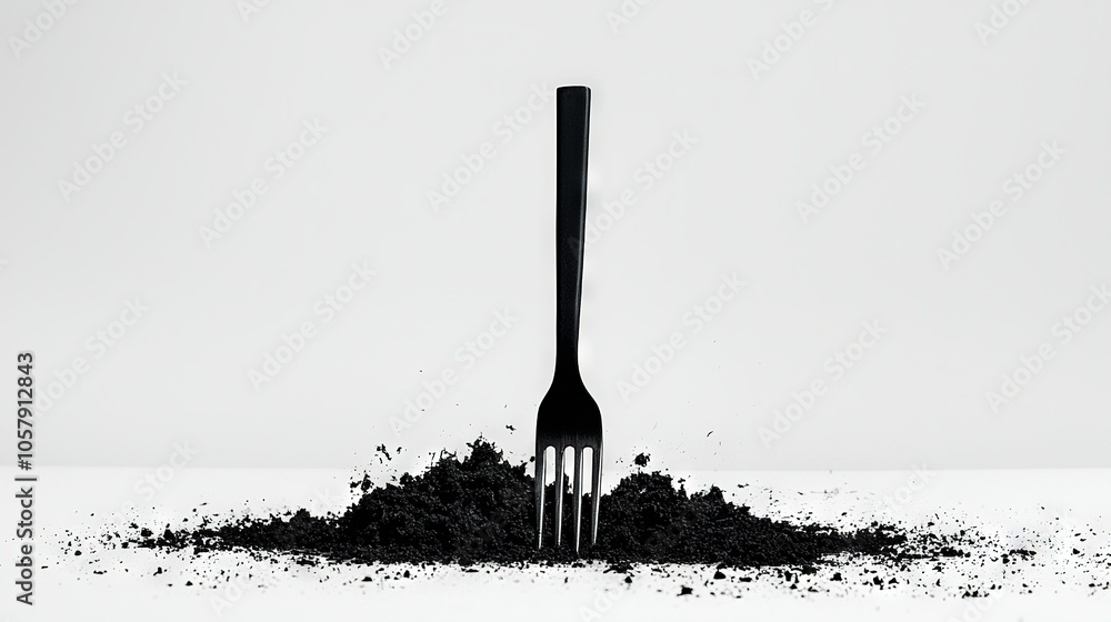 Poster a fork protruding from a mound of soil next to another fork