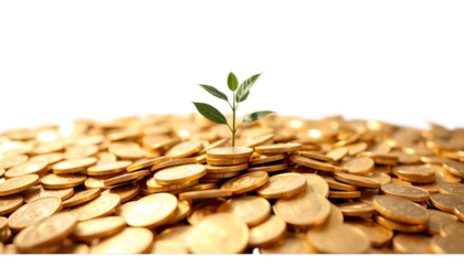 A vibrant green plant grows from a pile of coins, symbolizing the growth of investment and prosperity, beautifully illustrated against a transparent background to enhance its significance