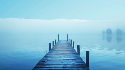 Tranquil lake with wooden dock and distant trees shrouded in mist.