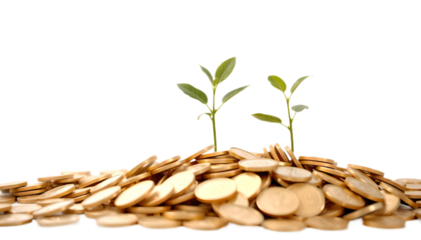 A vibrant green plant grows from a pile of coins, symbolizing the growth of investment and prosperity, beautifully illustrated against a transparent background to enhance its significance