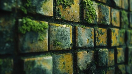 Moisture-Stained Brick Wall with Mossy Texture: A Study in Natural Decay and Urban Aesthetics