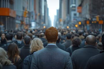 Fototapeta premium Man in Suit Walking Through a City Crowd with Orange Signage