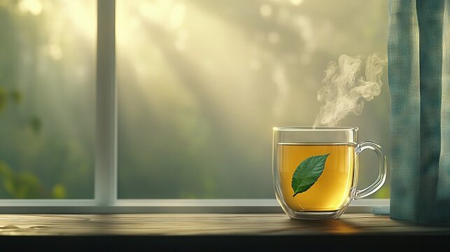   Tea with leaf on window sill