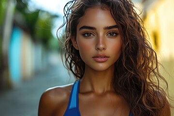 Fototapeta premium Young Woman Outdoors with Long Curly Hair and Natural Beauty in Casual Attire