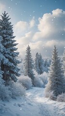 Obraz premium Beautiful winter landscape on a cold sunny day. A path in the snow, surrounded by tall snow-covered pine trees. 