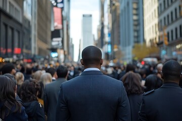 Fototapeta premium Man in Suit Walking Through Blurry City Crowd1