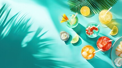   A collection of beverages resting atop a azure surface near a palm frond and a basket of produce