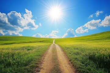 Fototapeta premium A winding dirt road through lush green fields under a bright sunrise in rural landscape