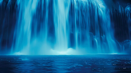 A beautiful waterfall in the middle of a forest. The water is crystal clear and blue. The waterfall is surrounded by lush green trees.