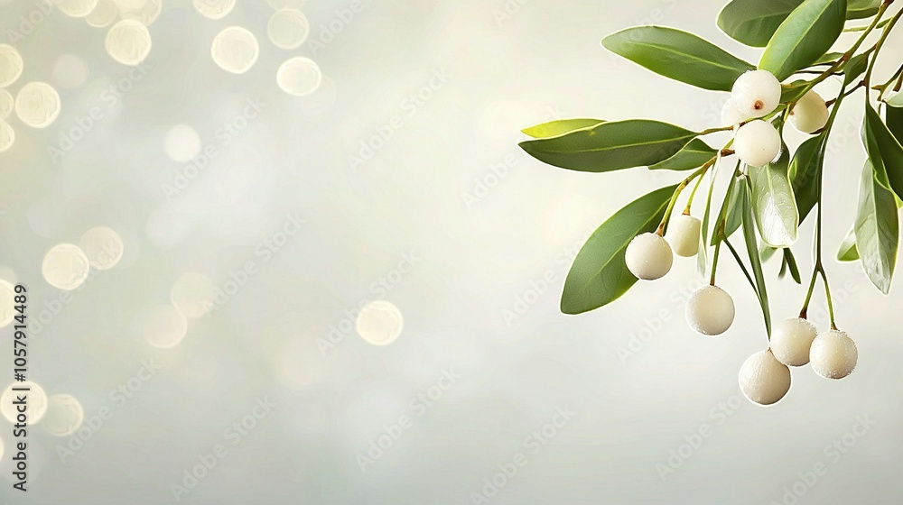 Poster a tree with white berries dangling from its leaves against a hazy backdrop