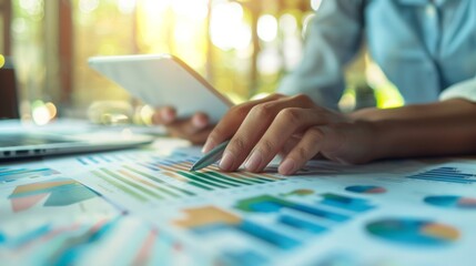 Person analyzing financial data with tablet and charts