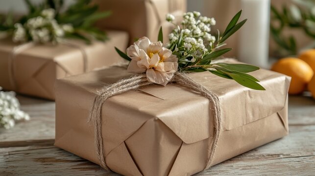Beautifully Wrapped Gift with Floral Embellishment