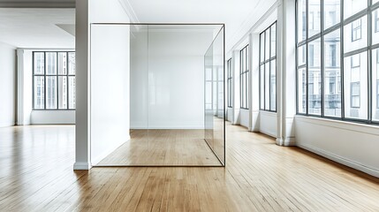 Fototapeta premium Modern Minimalistic Concrete Coworking Office room with Blank Walls, High Ceilings,and Mockup Frame