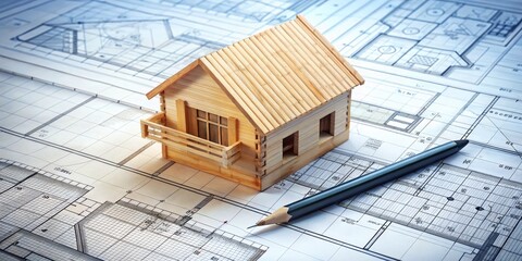 Detailed Wooden Model House on Blueprint - Architectural Design Concept with Realistic Details and Technical Precision