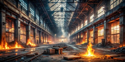 Obraz premium Dramatic Macro View of Fire-Ravaged Industrial Building, Ablaze in Warm Hues and Shadows, Symbolizing Destruction and Chaos in Post-Apocalyptic Setting
