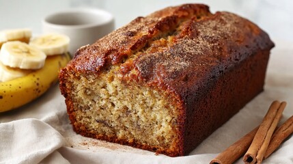Classic banana bread loaf with crispy edges, on a beige linen, with cinnamon sticks and fresh banana slices