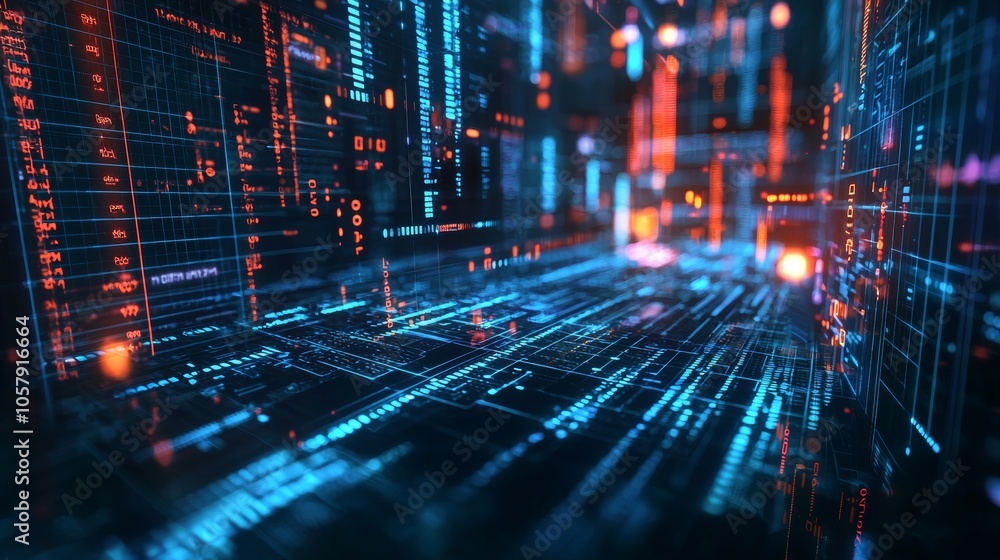 Poster digital data flow in futuristic virtual environment