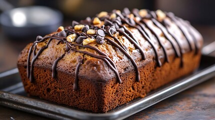 Classic banana bread with walnut and chocolate chips, on a vintage metal tray, with a hint of cinnamon and chocolate drizzle