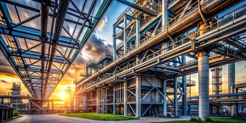 Golden Hour Grandeur Industrial Marvel in Sunset's Embrace - Steel Structure of Scale and Splendor, Engineering Wonders in Warm Twilight Glow