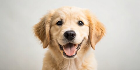 Golden Retriever Puppy Adorable Close-Up Portrait with Bright Eyes, Fluffy Fur, and Joyful Expression on Soft Dreamy Background - Ideal for Pet Blogs and Social Media Posts