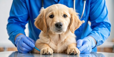 Golden Retriever Puppy Exam Heartwarming Trust at Veterinary Clinic - Closeup Watchful Pet Eyes in Calm Blue Setting