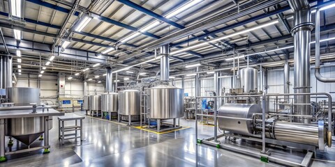 Industrial Elegance Wide-Angle Macro View of Stainless Steel Tanks in Modern Manufacturing Facility with Network of Pipes and Machinery, Sterile Atmosphere, Capturing Precision