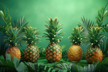 tropical pineapples on green background