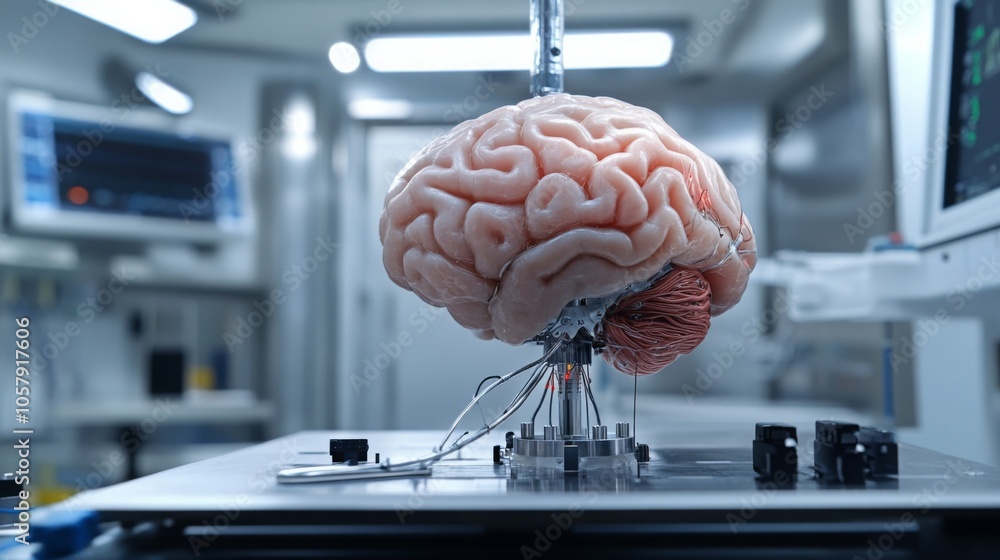 Poster A brain is positioned on a laboratory table, connected to various instruments for scientific research and analysis, highlighting ongoing studies in neuroscience and brain functions.